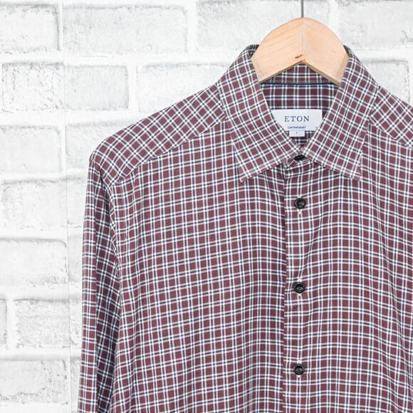 ETON Men's Contemporary fit Button up Shirt in Maroon plaid cotton size Large 16 - Picture 5 of 5